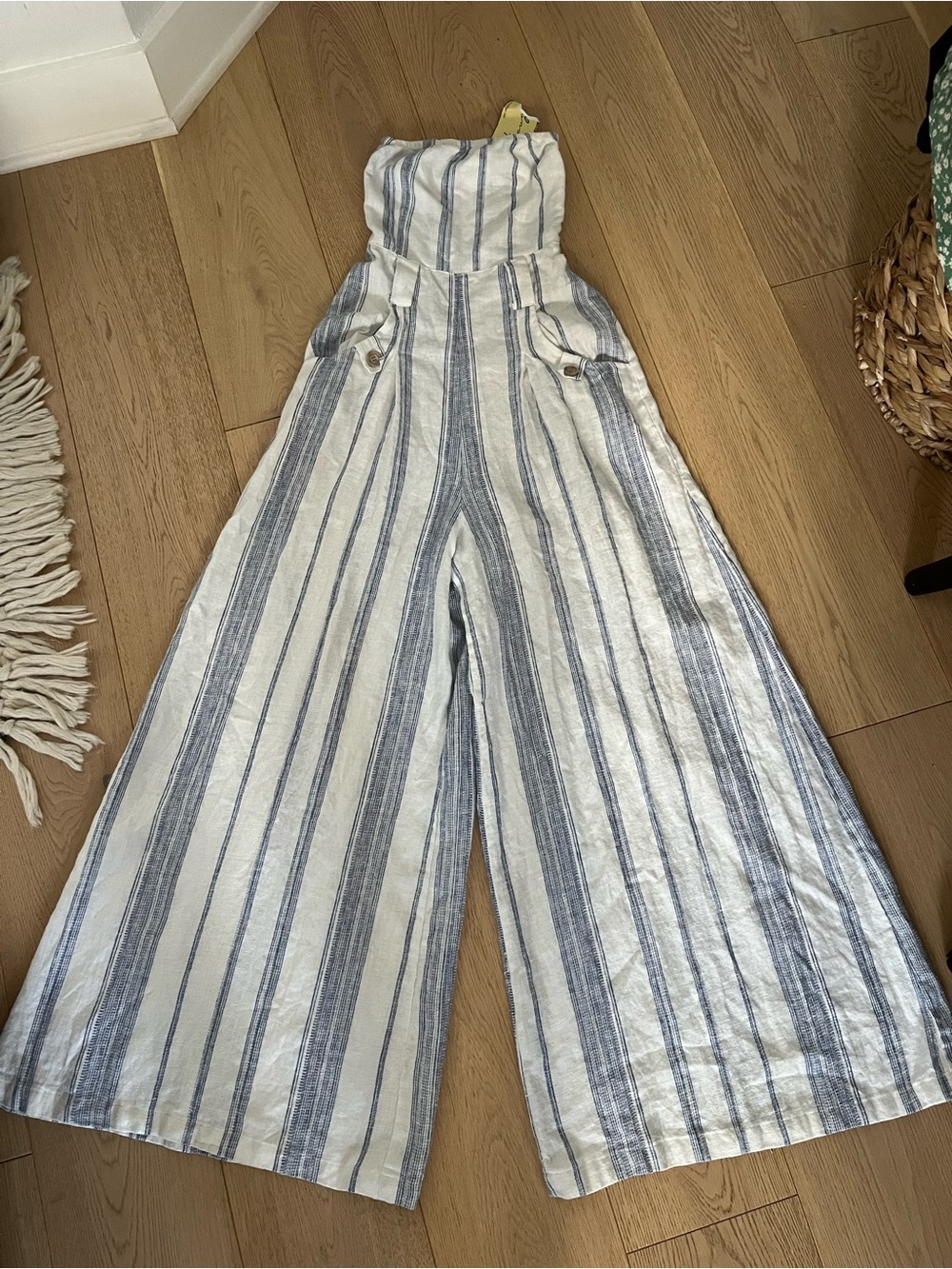 Vintage Havana Blue and White Strapless Wide-Leg Jumper, M